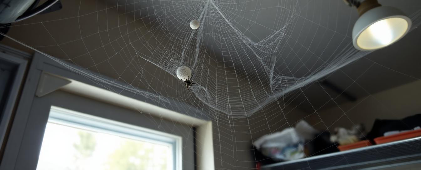 Garage with spider webs and spider activity before professional spider control